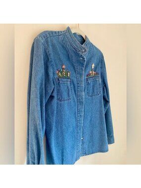Vintage Denim Spring Button-Up Shirt By Ruff Hewn With Embroidered Floral Design